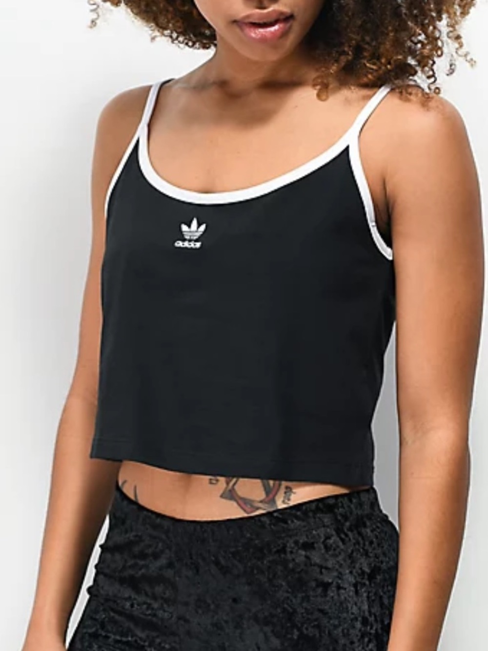 adidas Black Crop Tank Top White Trim Embroidered Trefoil Logo Womens XS - Picture 2 of 8